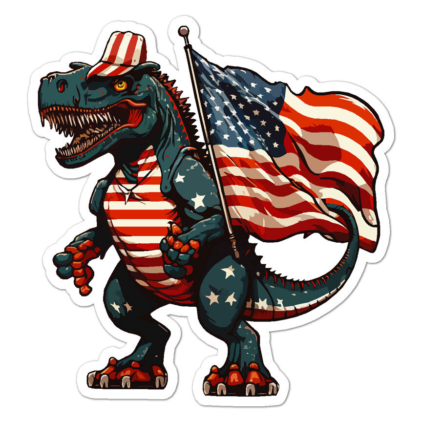 T-Rex USA Flag, Vinyl Decal Sticker, Indoor Outdoor, 3 Sizes, #9333