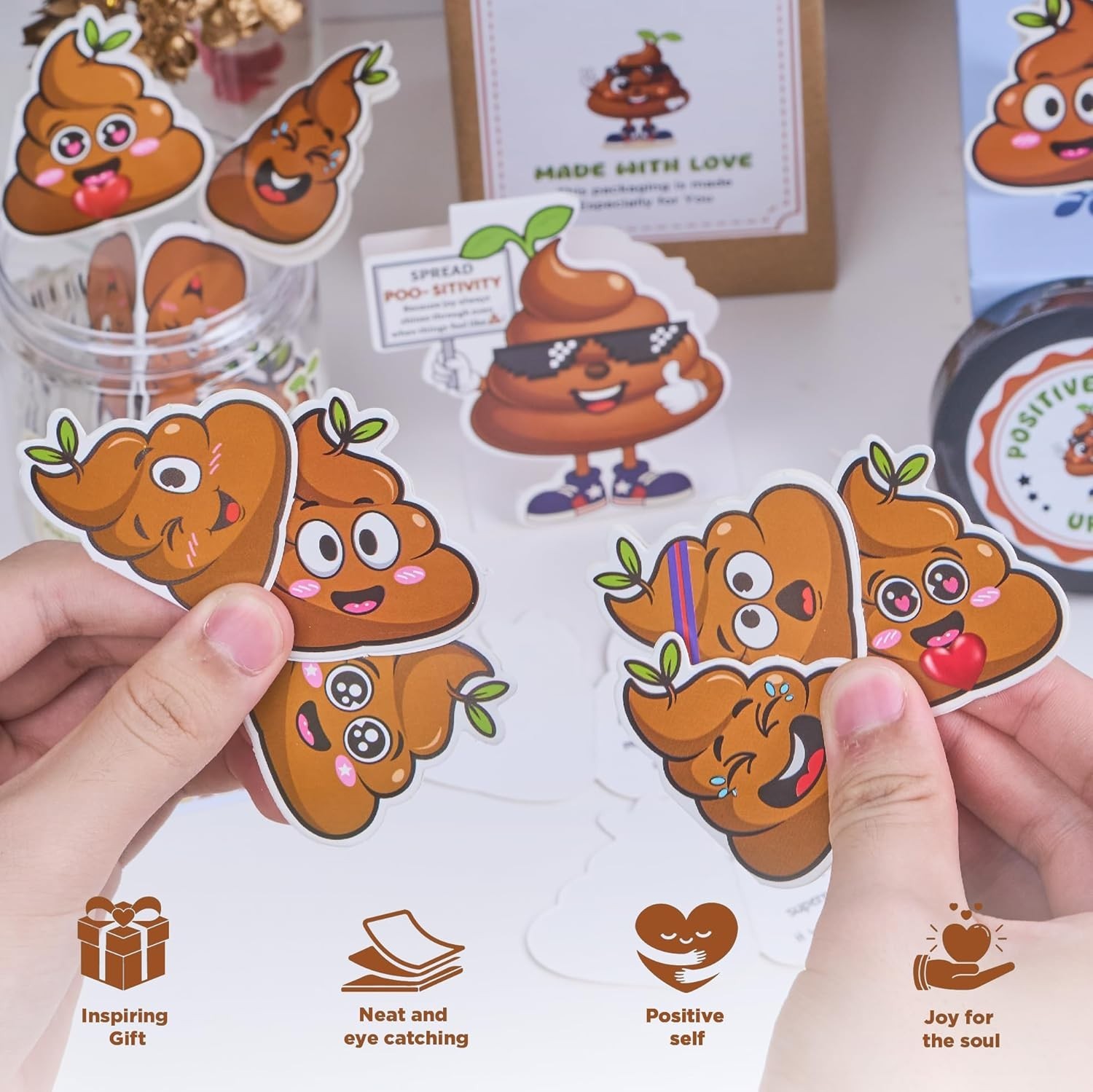 Positive Poo Jar with 60 Funny Stickers & Standee – Great Gag Gift for Coworkers