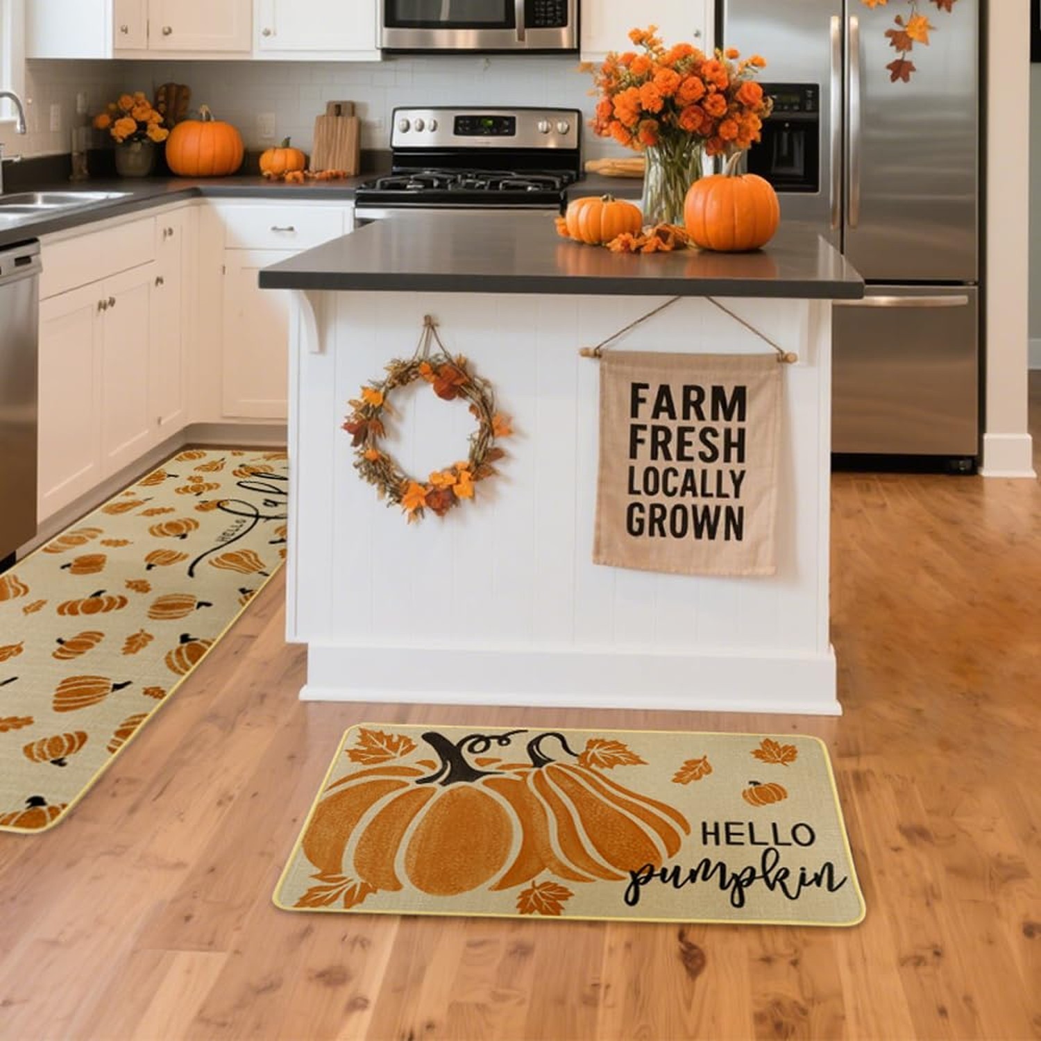 Hello Pumpkin Autumn Kitchen Rugs Set of 2,Hello Fall Leaves Low-Profile Holi…