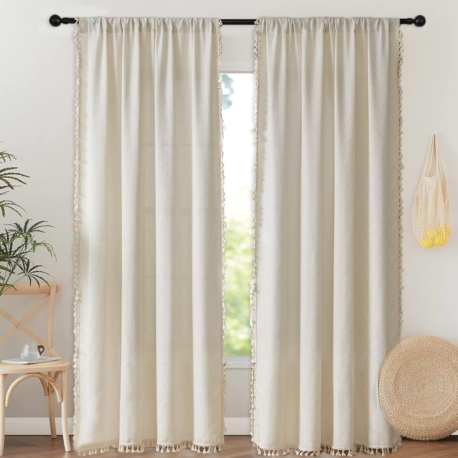 ENJOYBRIDAL Off White Curtains for Living Room 96 Inch Length 2 Panels Boho D…