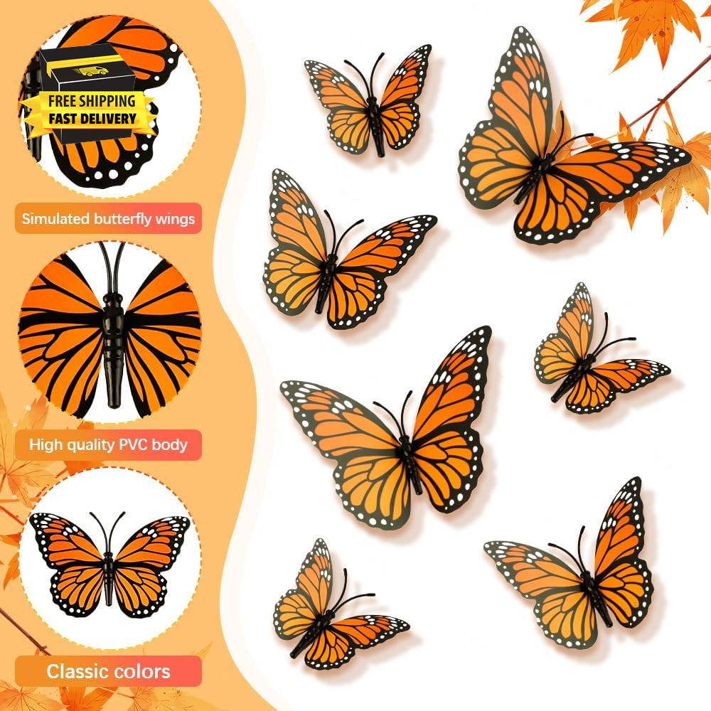Monarch Butterfly Decorations, 3D Halloween Butterfly Wall Decor, 12Pcs Orange F