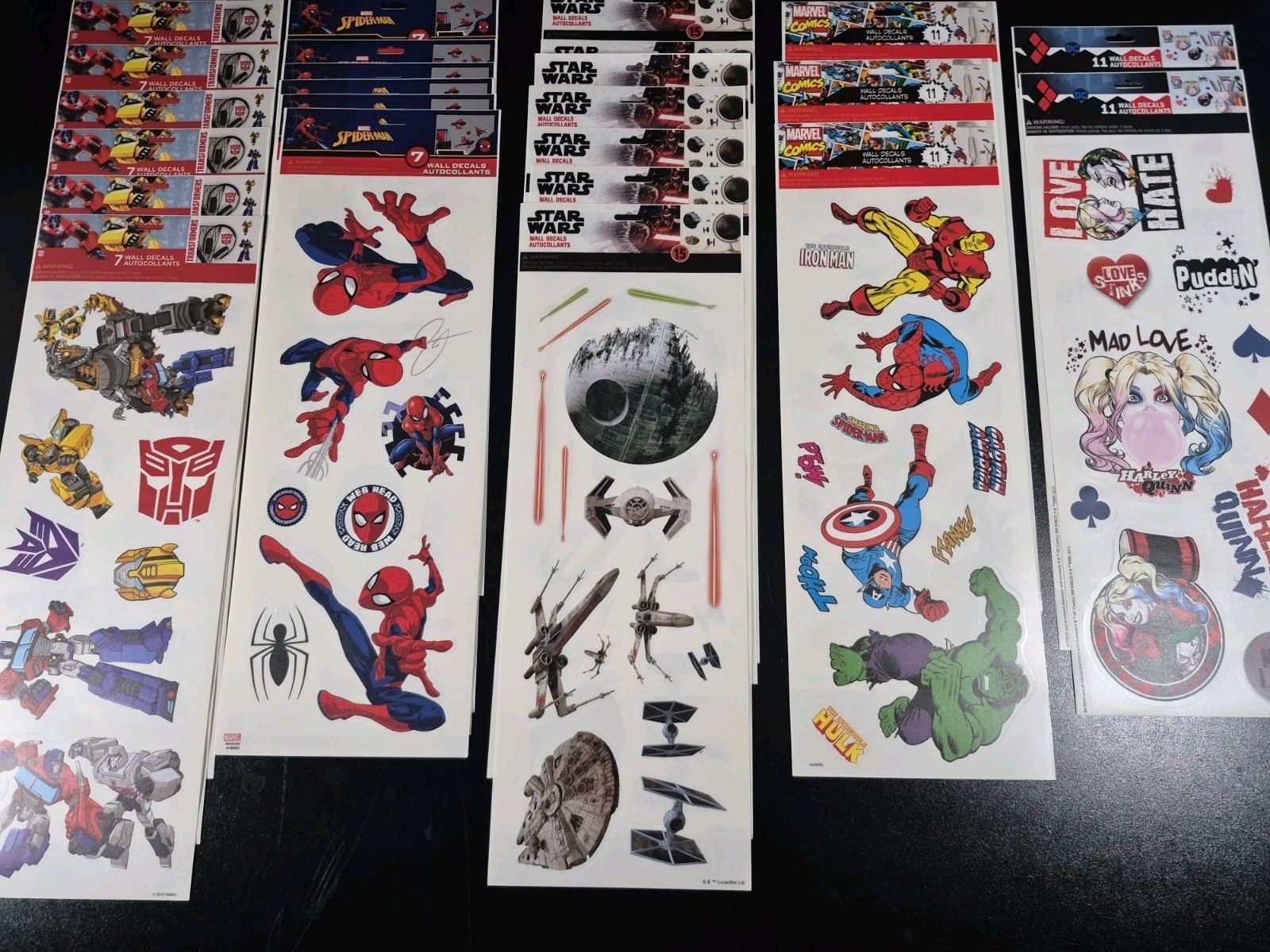 24 Wall Decals Transformers, Spiderman, Star Wars, Marvel, Harley Quinn