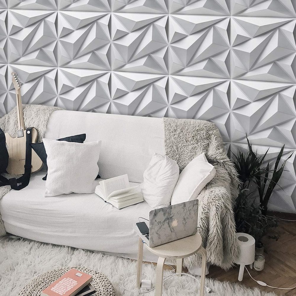 12PCS PVC 3D Wall Panels Decorative White Textured Diamond Design Ceiling 11.8"