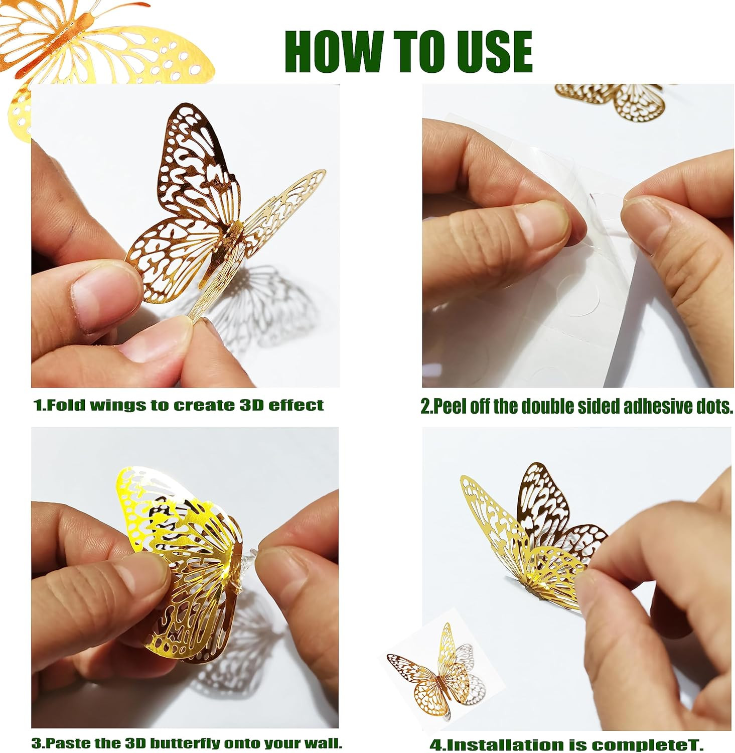 3D Butterfly Wall Decor Sticker -48 Pcs, 4 Styles, 3 Sizes Gold Butterflies Deco