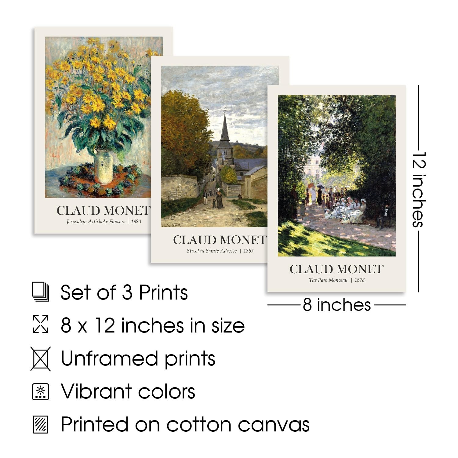 BulbaCraft 3 Pcs Claude Monet Wall Art – Vintage Impressionist Canvas Prints …