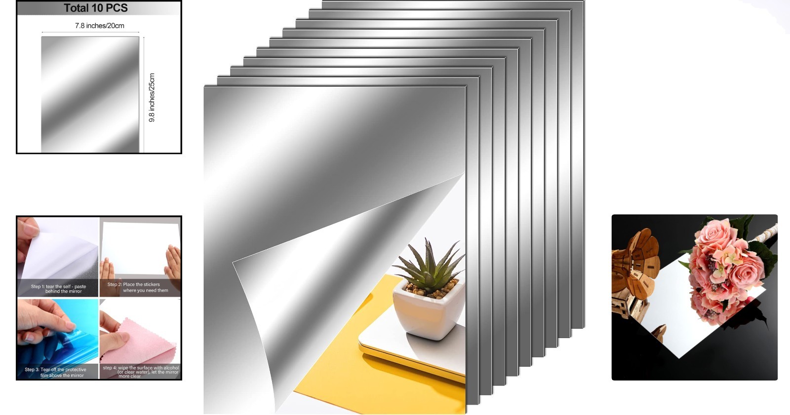 Customizable Self-Adhesive Mirror Tiles – 8×10 Inches, Perfect for Home Decor