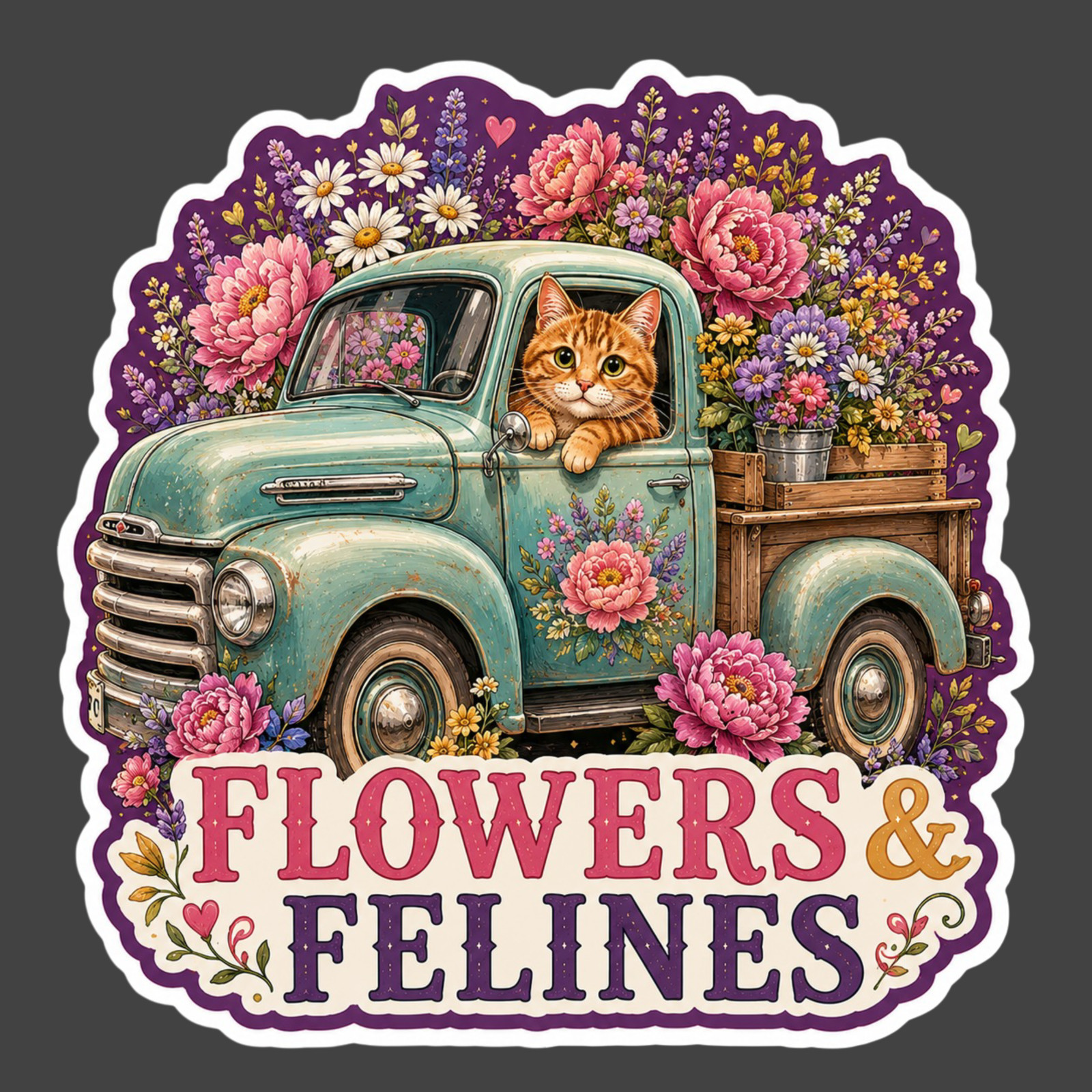 Cat Sticker Vinyl Decal Flowers & Felines Vintage Truck Garden Lover Floral