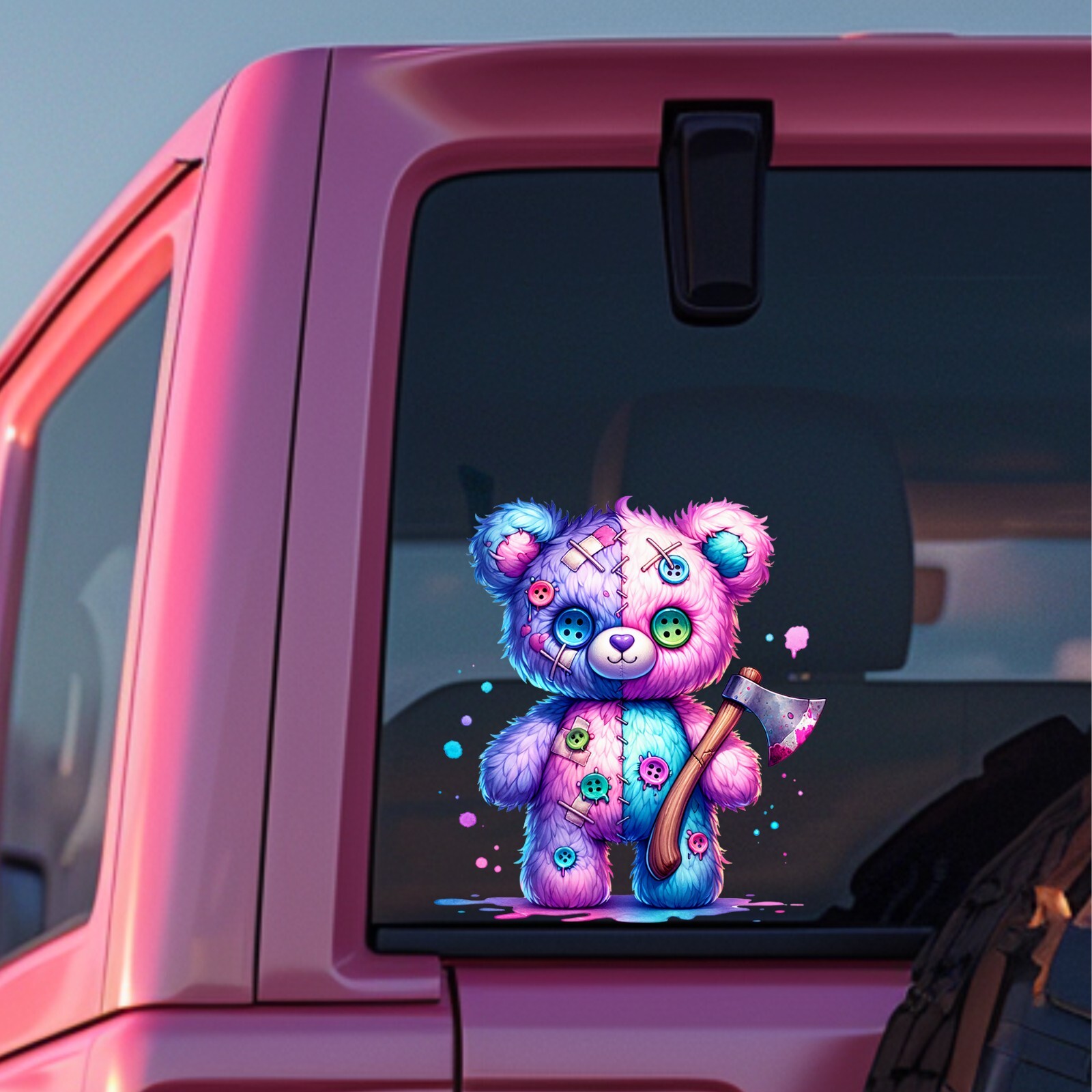 Pink Blue Homicidal Bear UV DTF Transparent Sticker / Decal