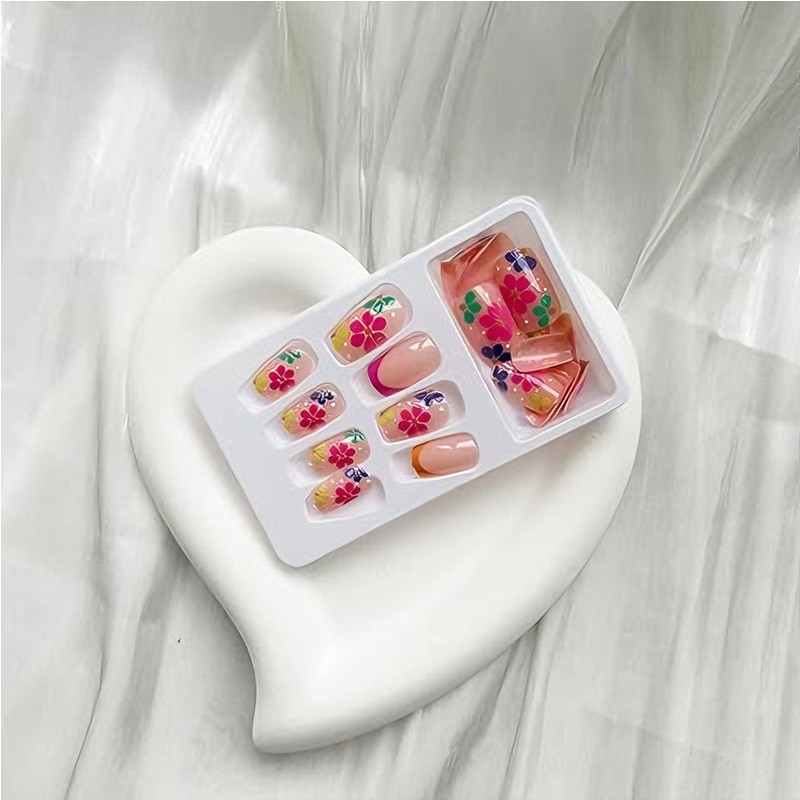 24 PCS Press On Nails Short Square Fake With Nail Glue French False Flower Desig