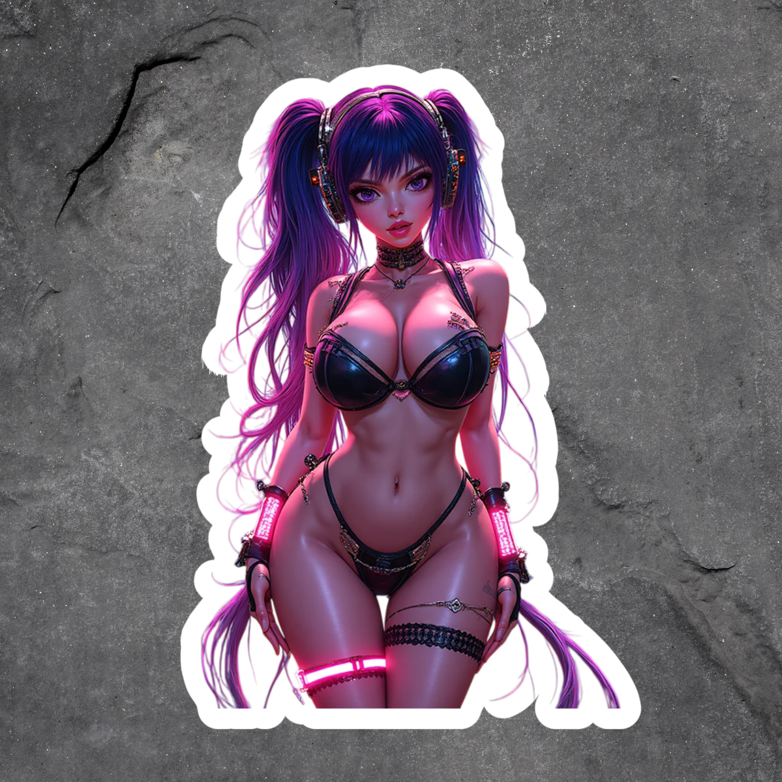 Pinup girl sticker vinyl decal futuristic anime girl purple hair black bikini