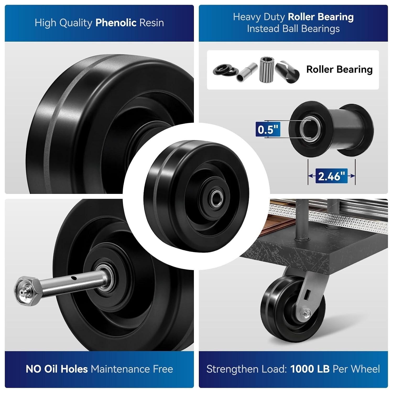 Set of 4 Heavy-Duty 5×2 Caster Wheels, Phenolic, 4000 LB Capacity, Temp -50F to