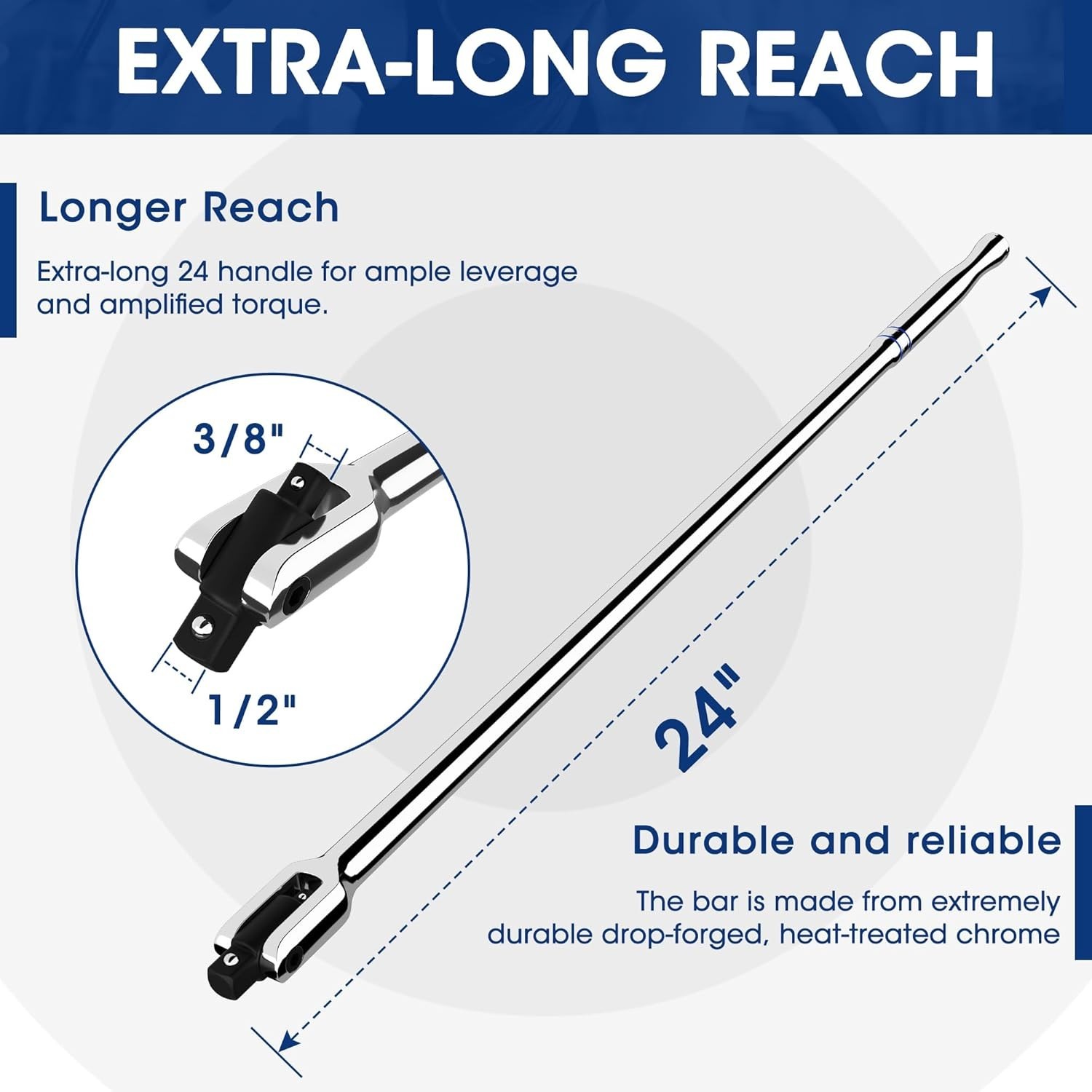 Dual Drive Breaker Bar, 3/8" & 1/2" Drive, Heavy Duty Breaker Bars, 24-inch Len
