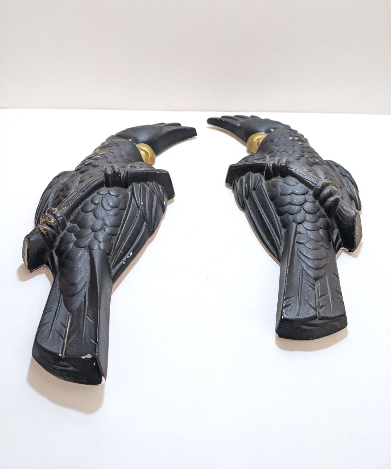Vtg 1957 Miller Studio Chalkware Cockatoo Wall Plaques Pair Black Gold MCM Birds