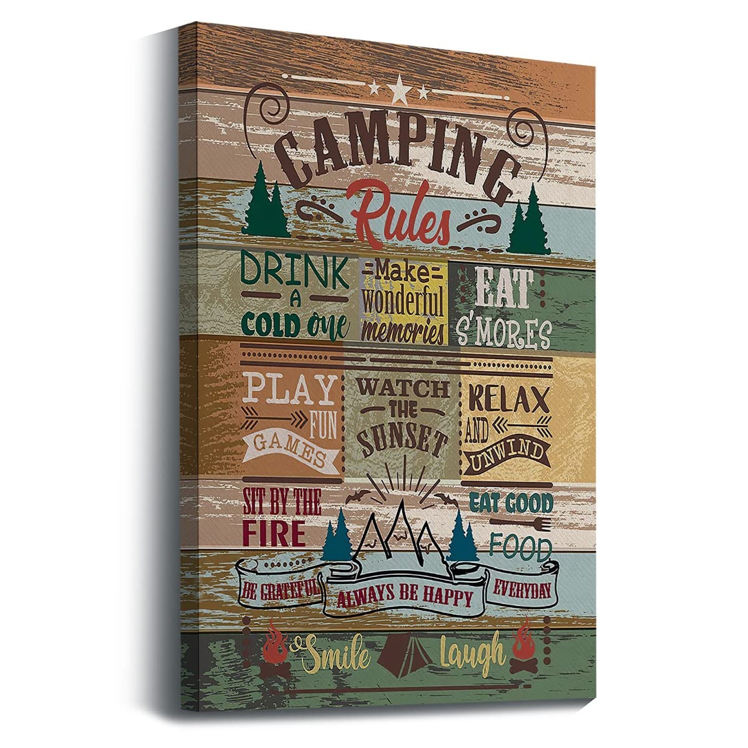 Camping Rules Play Fun Relax Smile Laugh Wood Grain Pattern Wall Art Prints A…