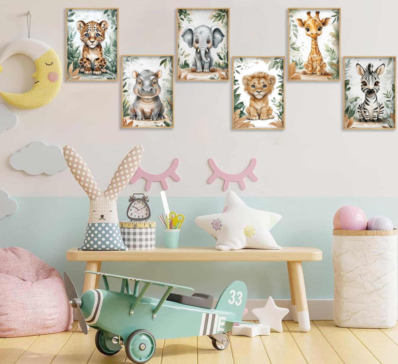 Baby Boy Safari Animal Wall Art Watercolor Theme Nursery Painting Picture Wal…