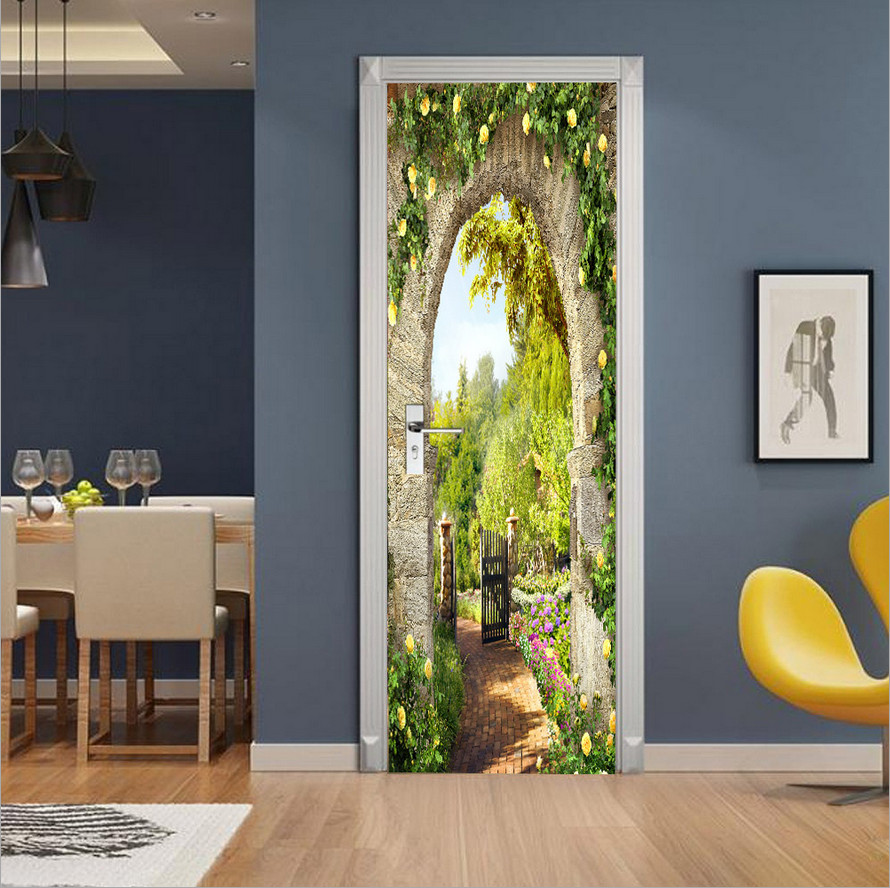 3D Self Adhesive Door Sticker Garden Stone Arch Door Wall Decor Mural Wallpaper
