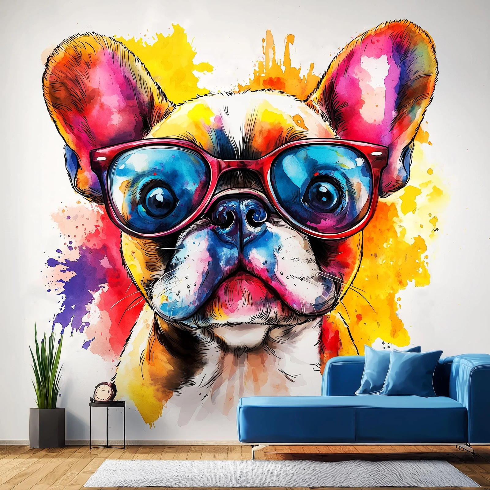 Vibrant Baby French Bulldog Wall Decal with Colorful Sunglasses | Watercolor