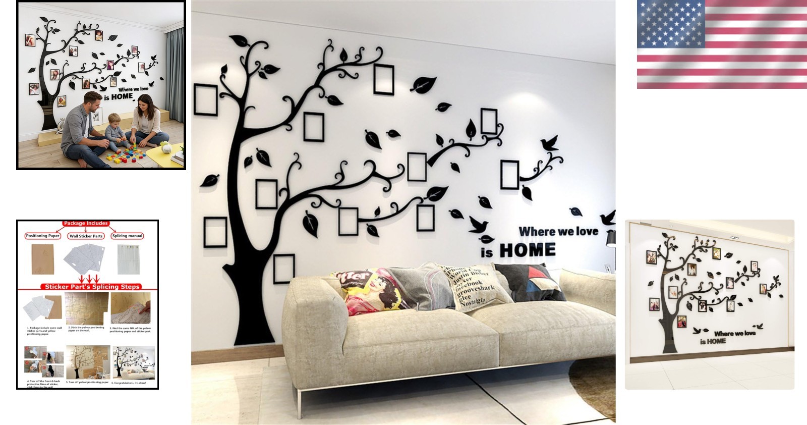 Elegant Black 3D Tree Wall Decals – Customizable Photo Frame Decor M:83x59in
