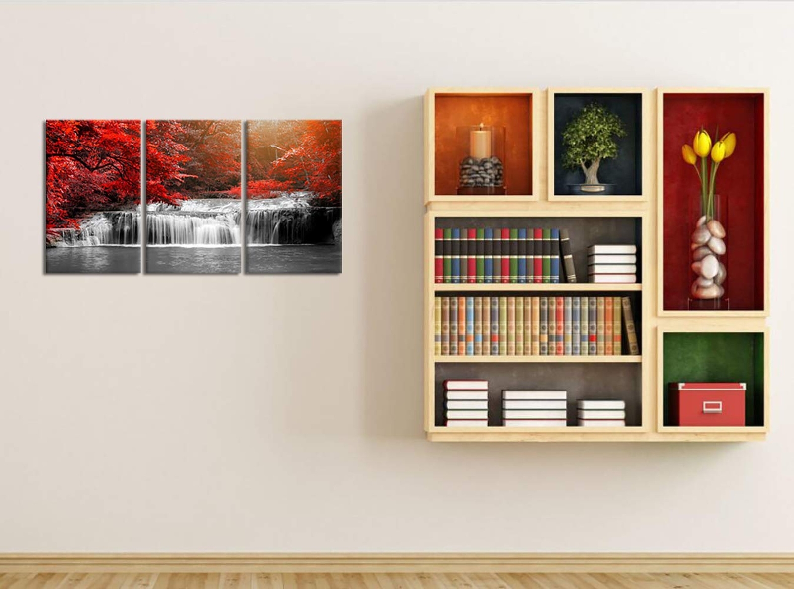 Visual Art Decor 3 Pieces Black White and Red Canvas Wall Art Red Forest Wate…