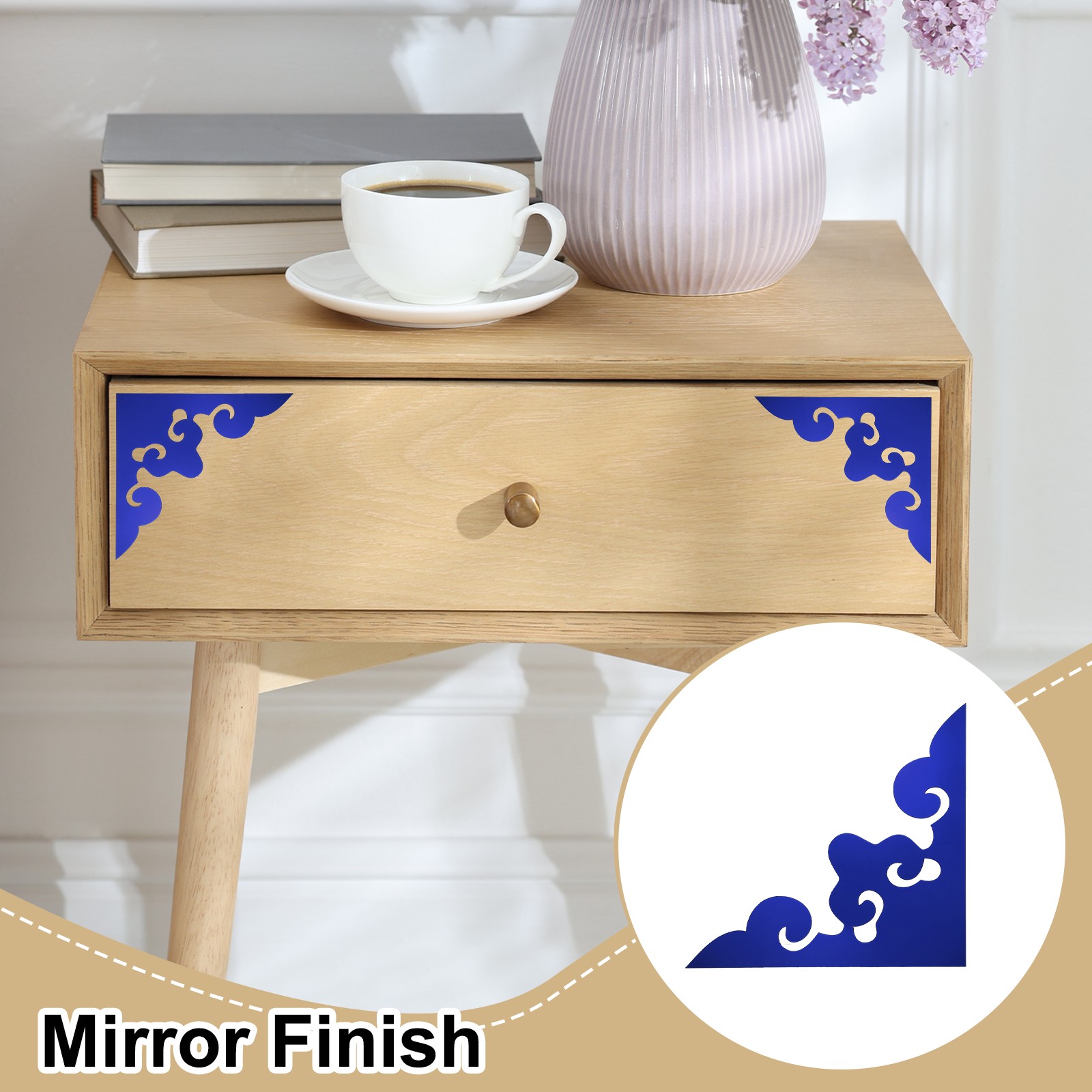 2Pcs Corner Decorative Pattern Hollow Mirror Wall Stickers(Dark Blue 7.9×7.9")