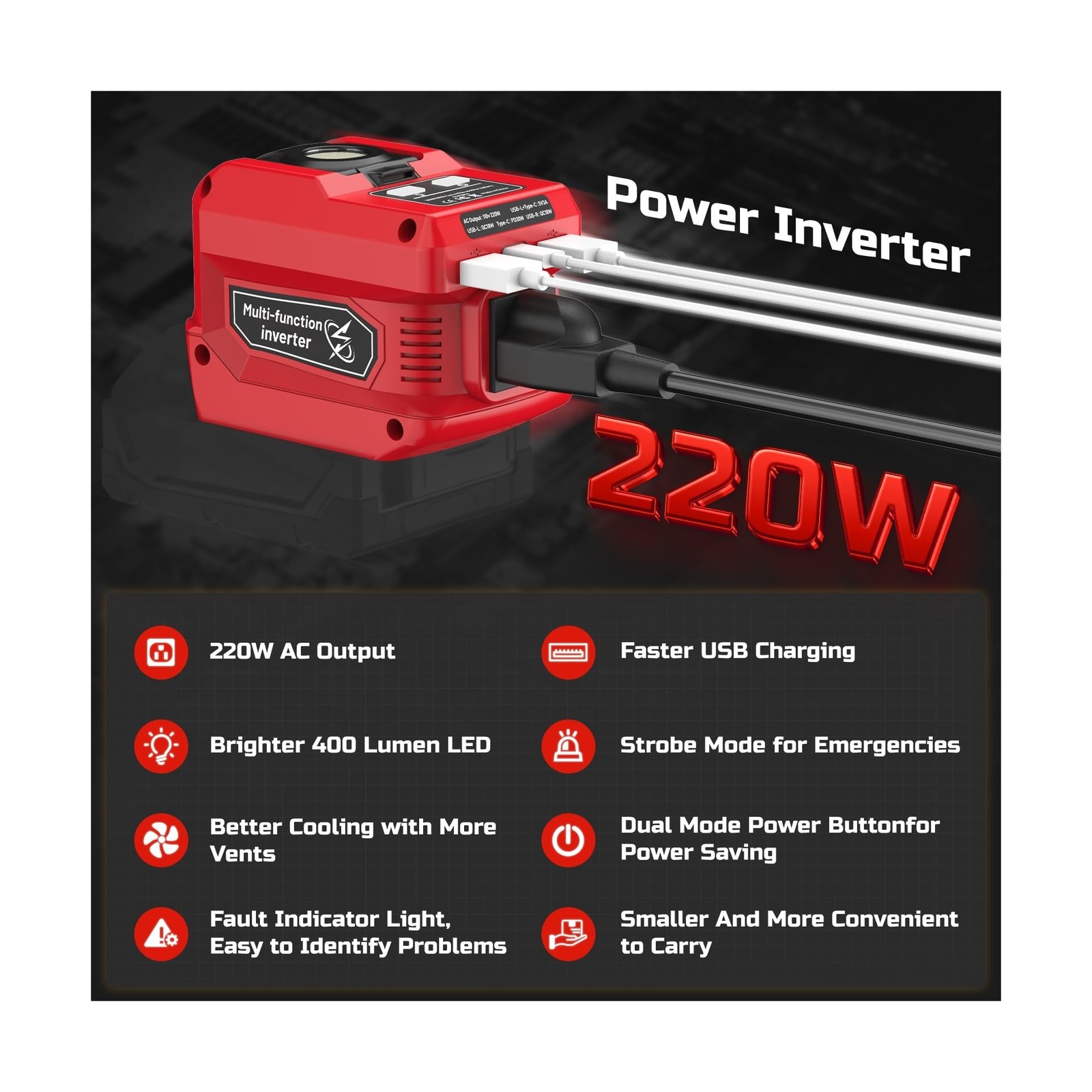 220W Power Inverter Compatible with Milwaukee 18V Battery, DC 18V to AC 110V …
