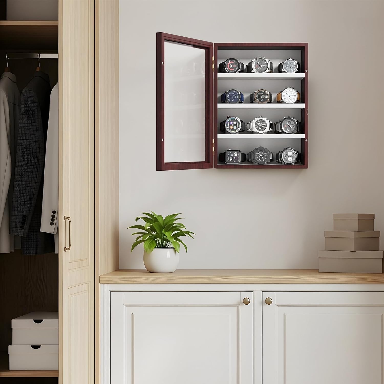 12-Slot Watch Display Case, Wall Mount Wooden Watch Box, Vertical Storage Men…