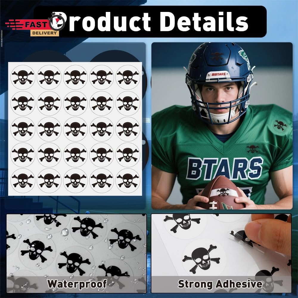Skull Helmet Stickers, 200 Pcs Youth Football Helmet Stickers, 1-1/8 Inches Viny