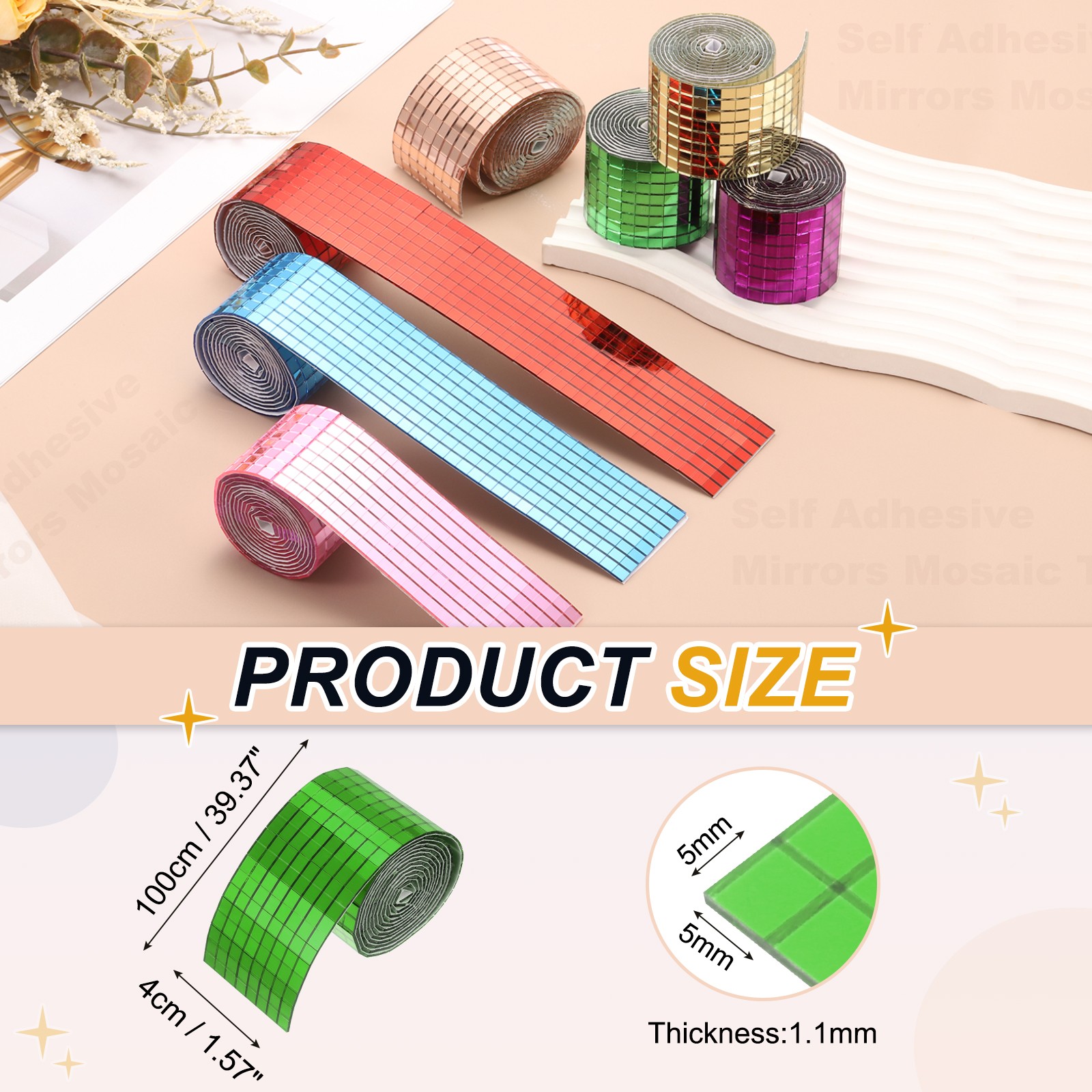 5x5mm Self Adhesive Mirrors Mosaic Tiles, 3840 Pcs Mosaic Sticker, Green