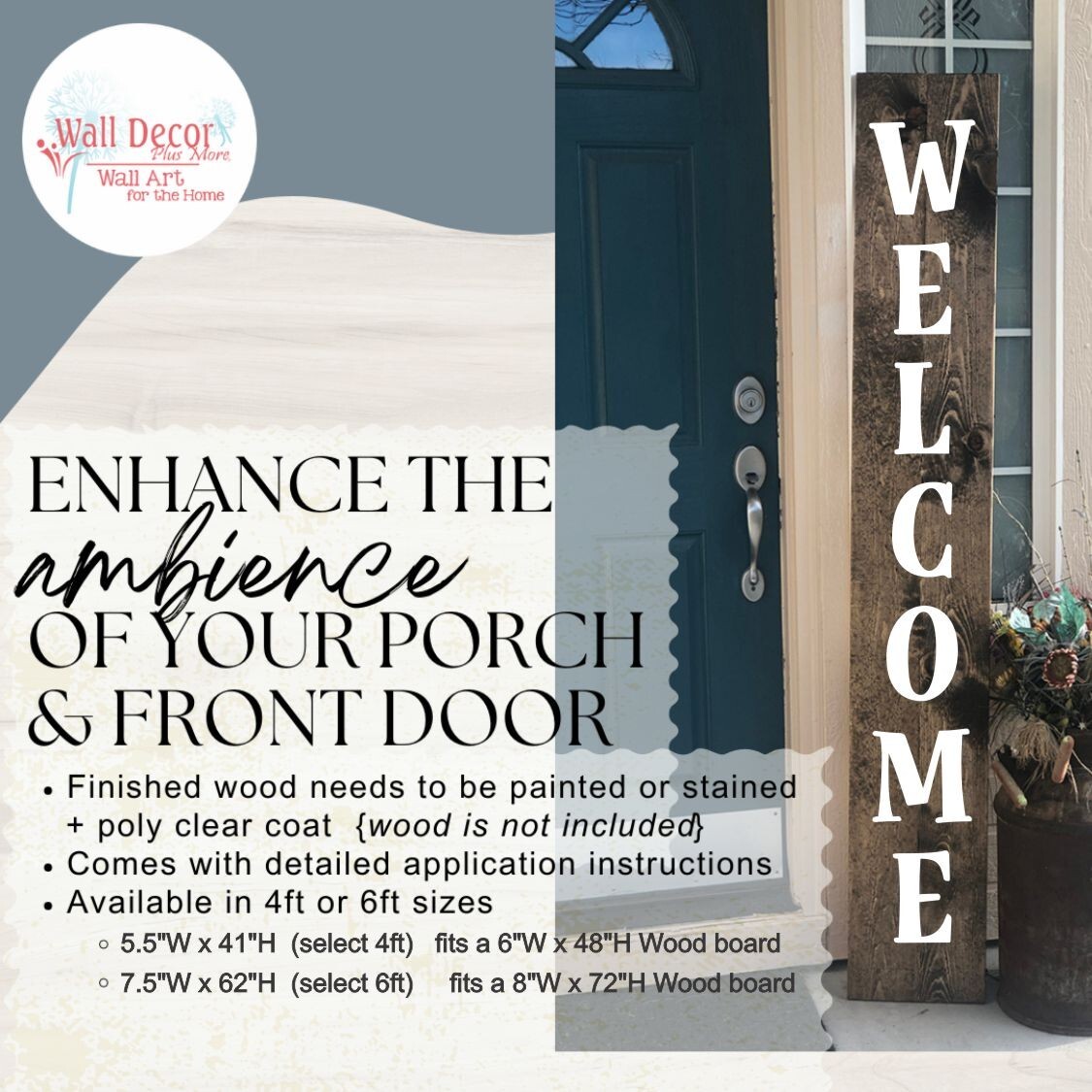 DECAL STICKER FOR TALL WOOD SIGN VERTICAL WELCOME LETTERING PORCH VINYL DECOR