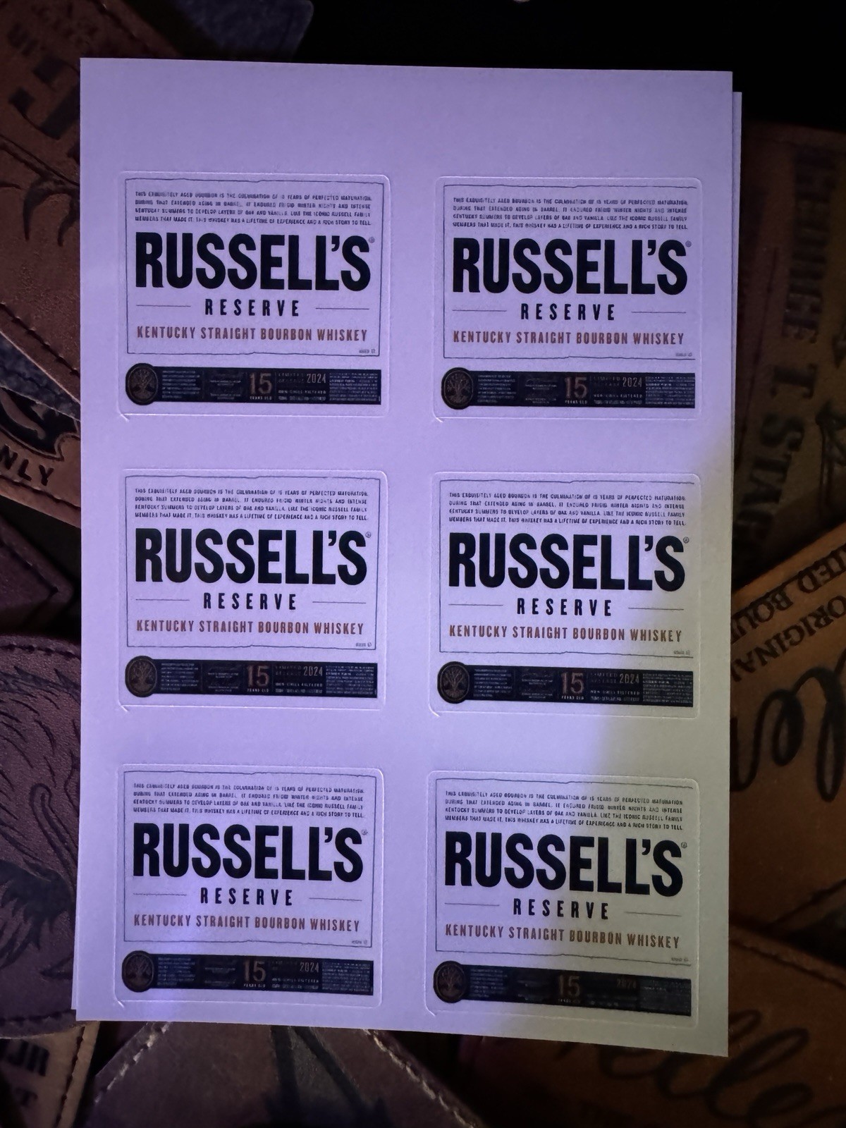 Russell’s Reserve 13,15, & Single Rick B – Mini Taster Bottle Labels, 18 Labels
