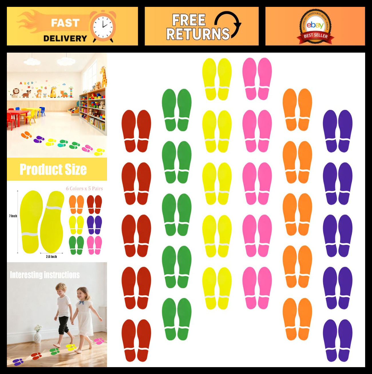 30 Pairs Colorful Footprint Stickers – 7" Decals for Floor, Wall, Stairs, Party