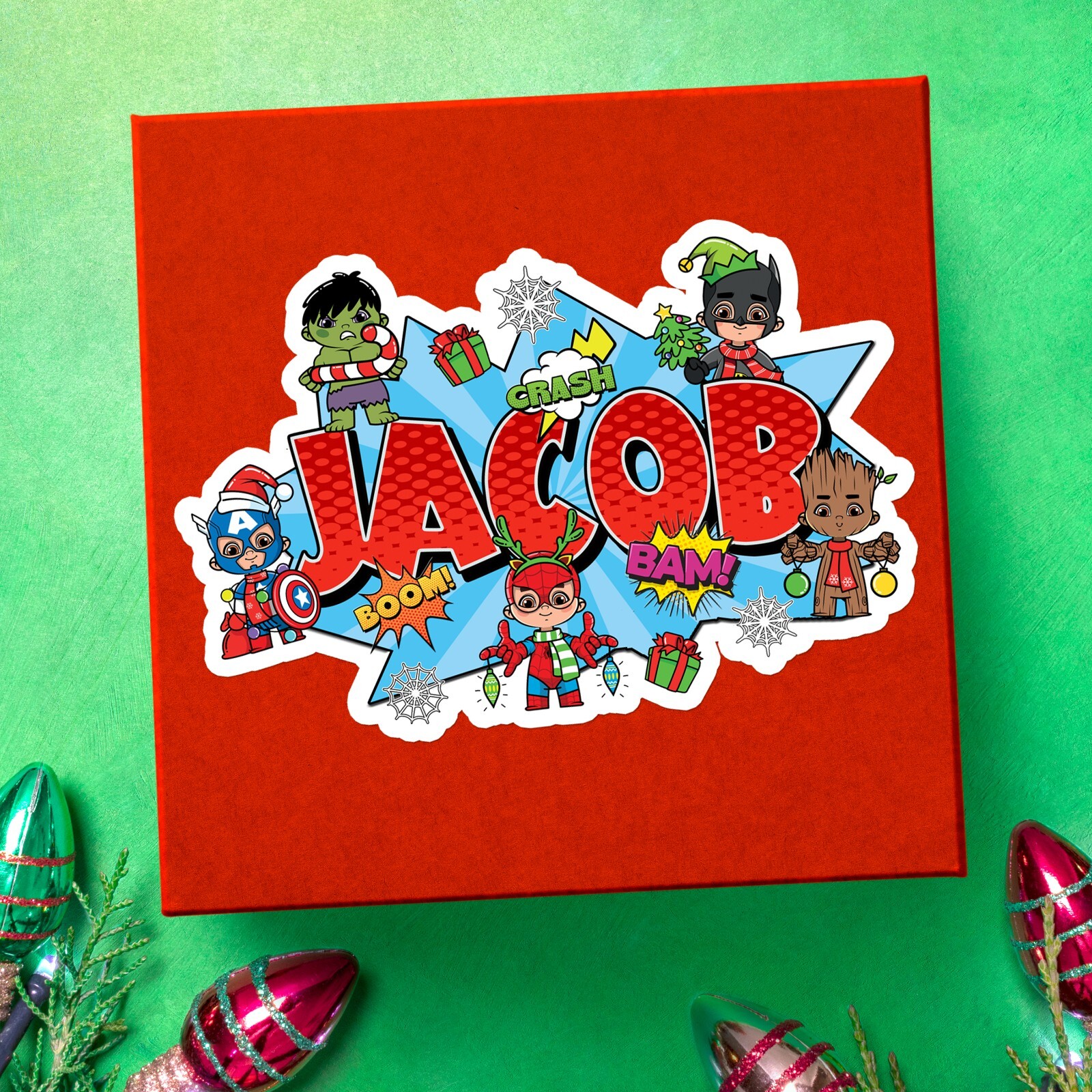 Custom Christmas Name Sticker Comic Book Style Superhero Kids Vinyl Decal