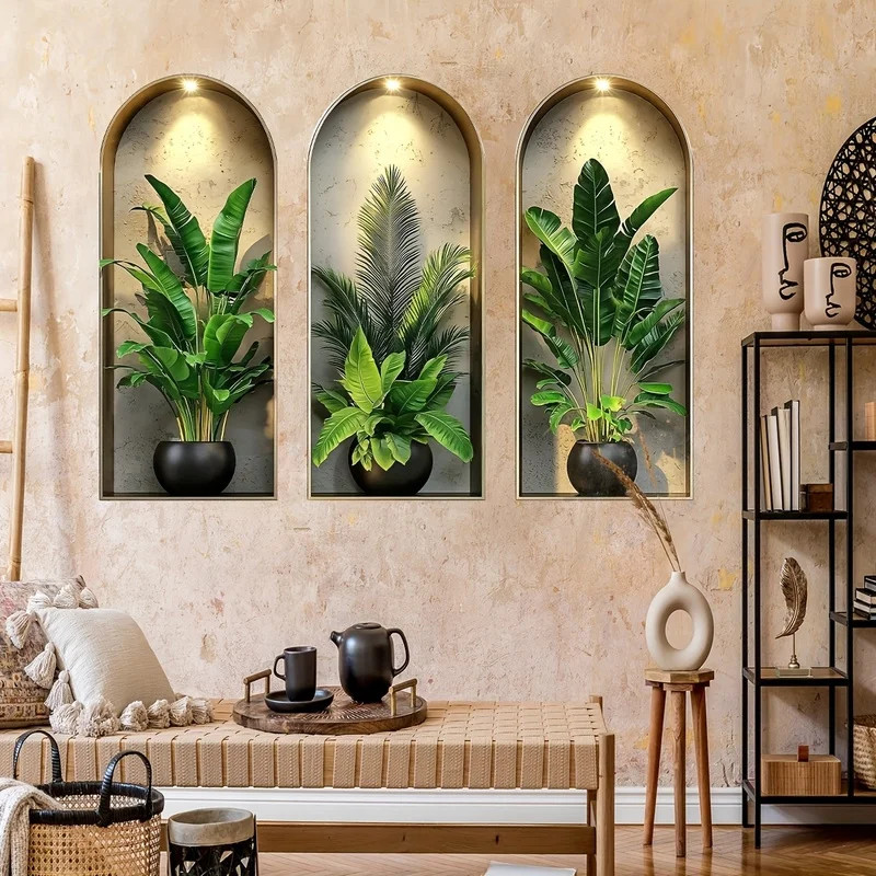 3D Watercolor Plant Wall Stickers – Realistic Potted Plants Decor, Self-Adhesive