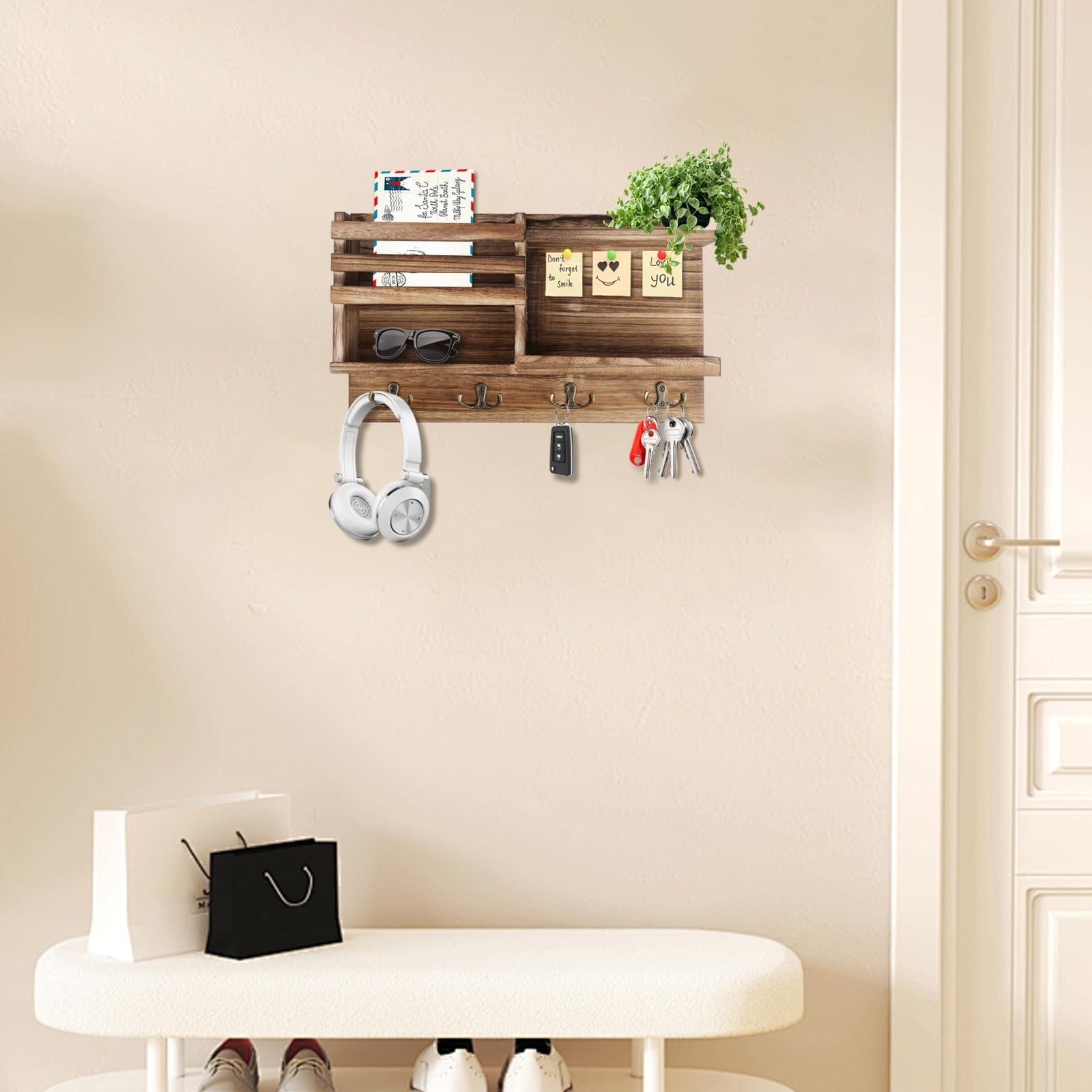 Key Holder Wall Mount, Solid Wood Key and Mail Organizer for Wall(Self Adhesi…