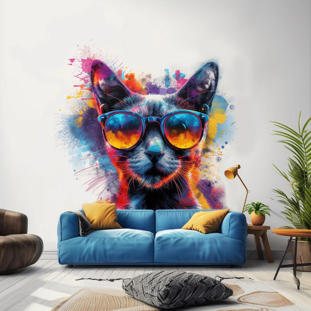 Cat with Sunglasses Wall Decal – Dynamic Watercolor Kitten Art Sticker for