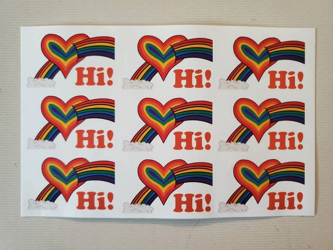 Handmade "Rainbow Love, Hi!" die cut stickers/seals. See description!