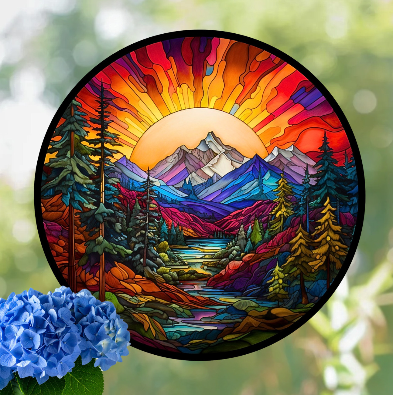 Sunset on Mountains & Trees Faux Stained-Glass WINDOW CLING Size 8" Round Vinyl