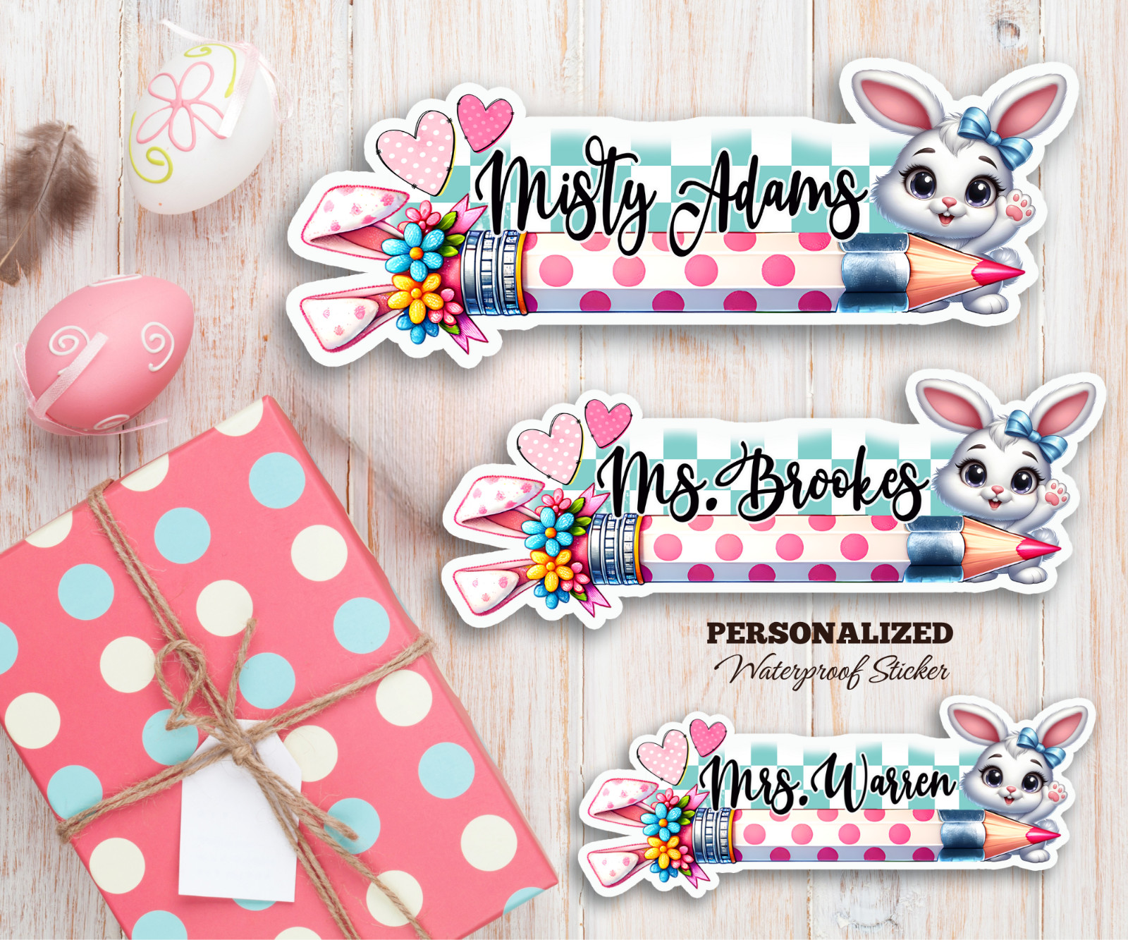 Personalized Teacher Name Sticker, Easter Bunny Pencil, Waterproof Vinyl Gift