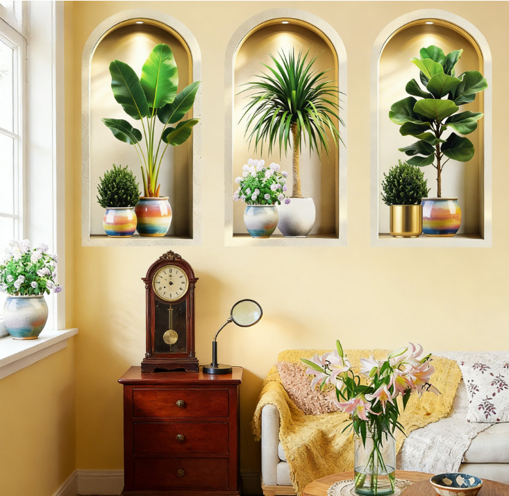 3D Potted Plant Wall Stickers 3PCS Set for Indoor For Room Decoration 40x80cm