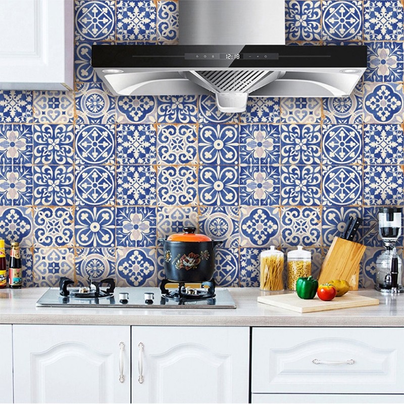 Blue and White Porcelain Tile Sticker 24pcs Self Adhesive Home Kitchen Floor