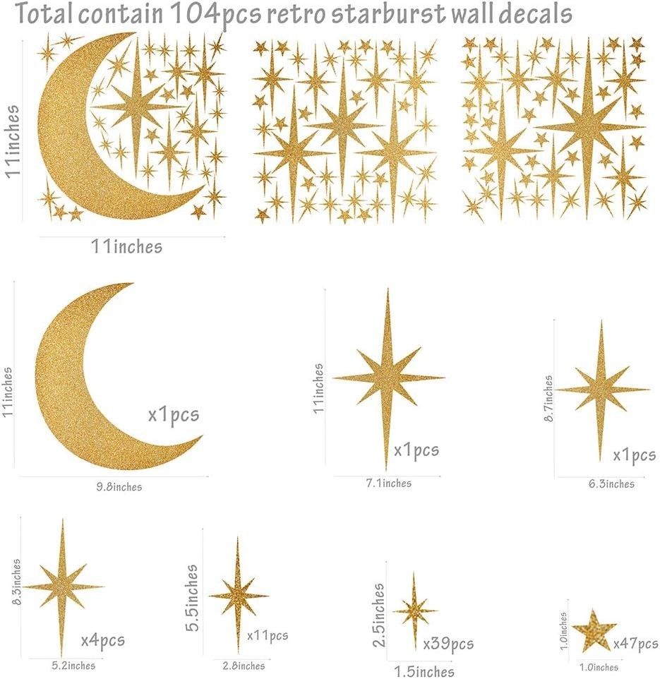 Retro Starburst Vinyl Wall Decals – Celestial Moon & Star Set for Kids' Rooms