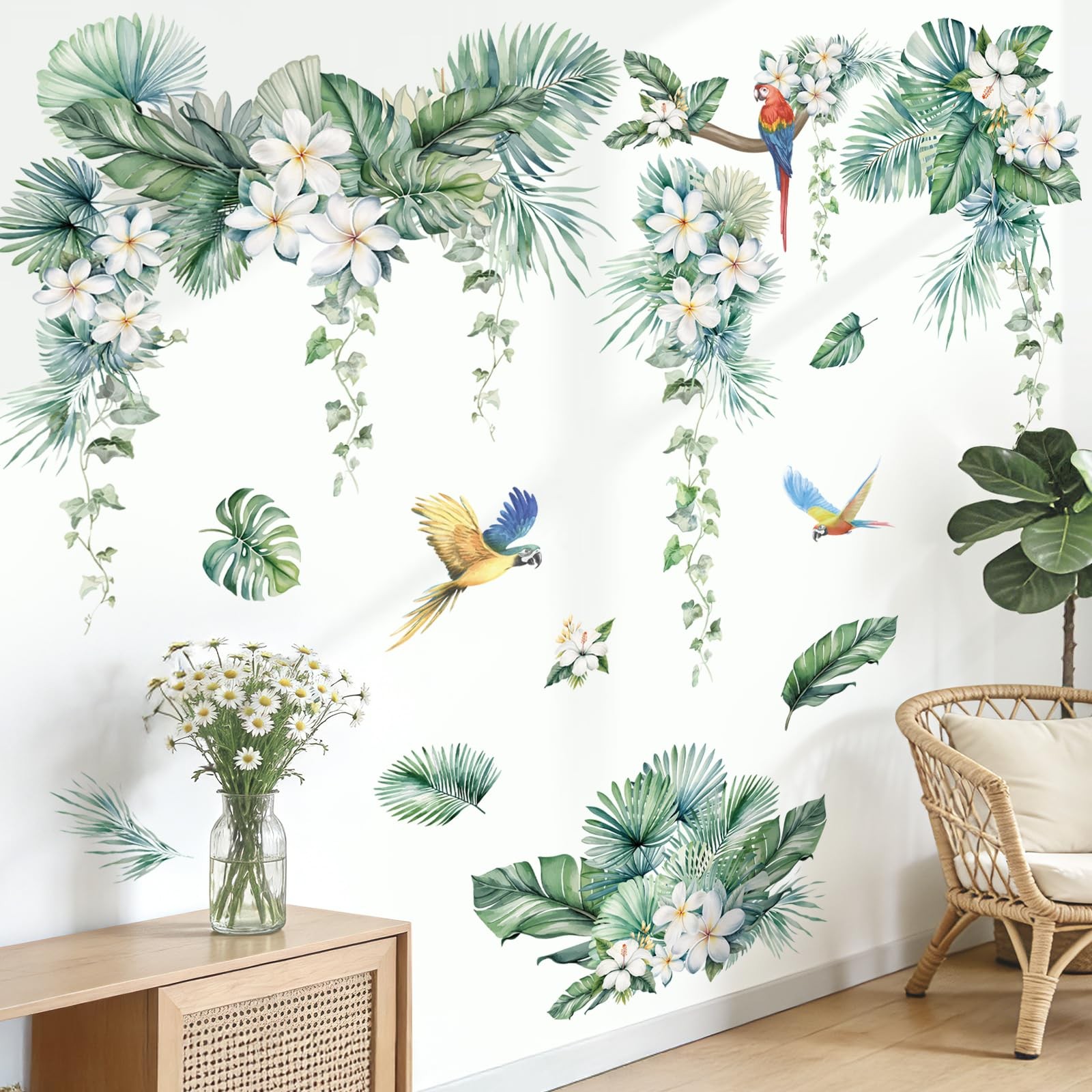 Peelora Jungle Leaves Flower Wall Stickers Hanging Vines Palm Leaf Parrot Wal…