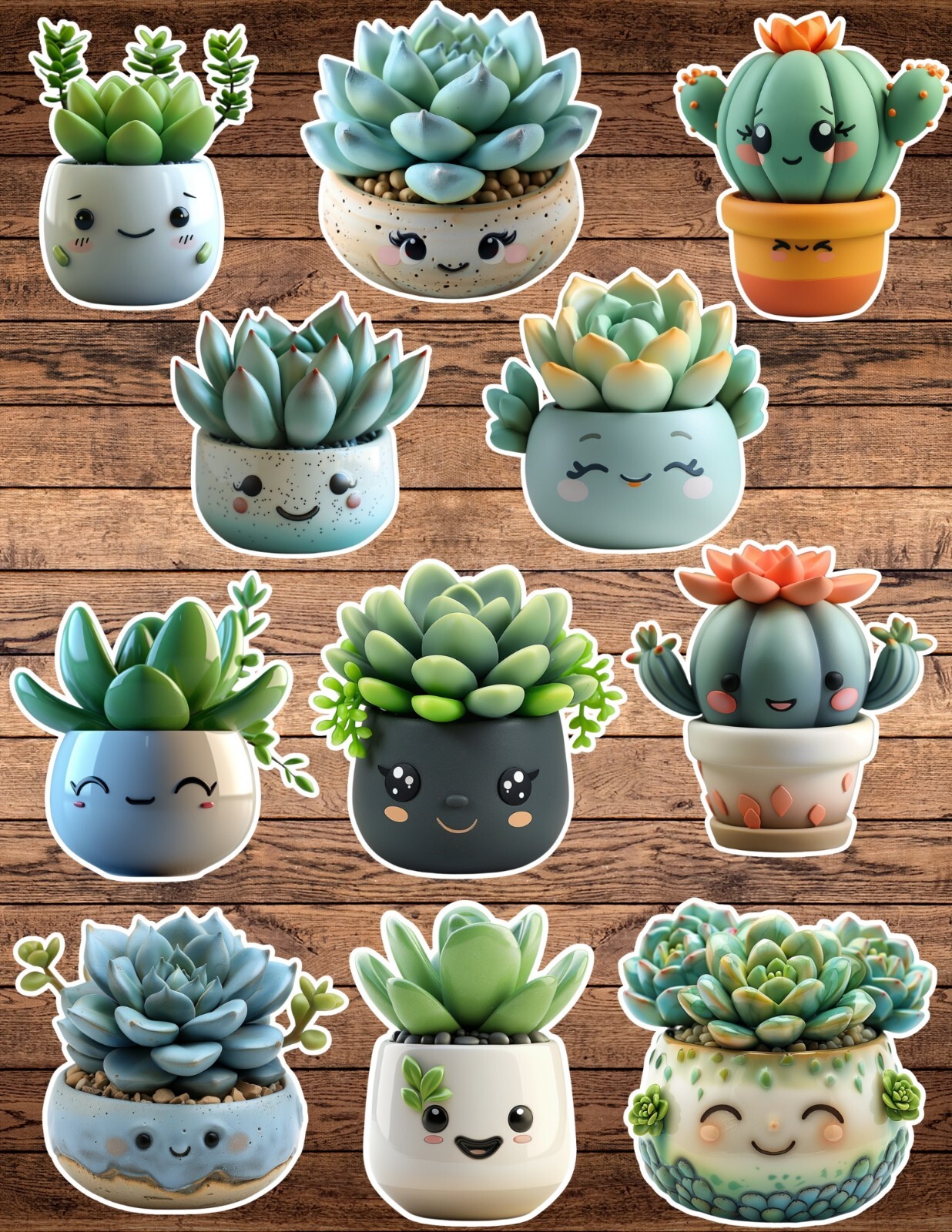 Succulents in Happy Pot Die Cut Vinyl Stickers Set Notebook Laptop Waterbottle