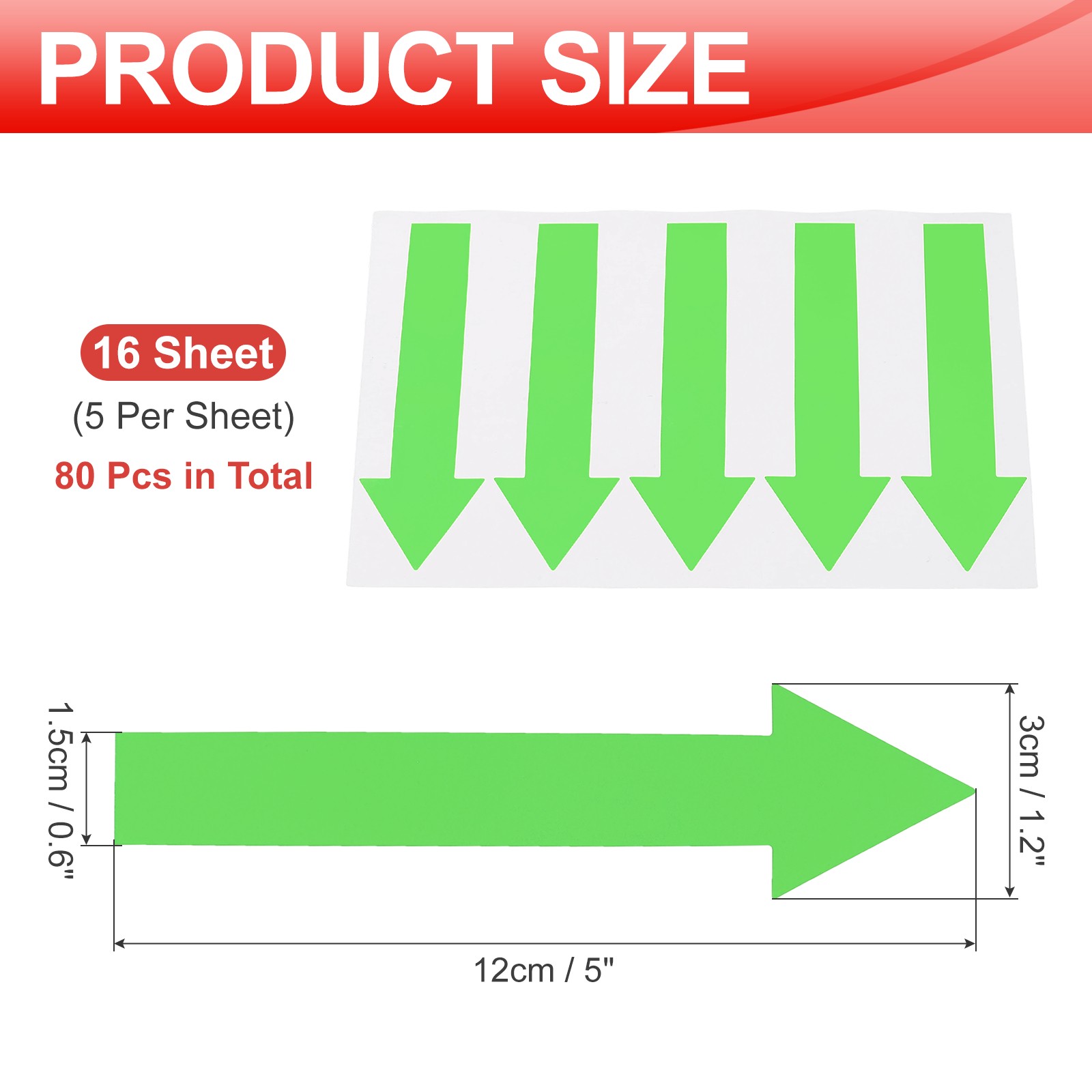 Arrow Sticker, (5×1.2 Inch, Emerald Green) (80 Pcs), Waterproof Sign Sticker