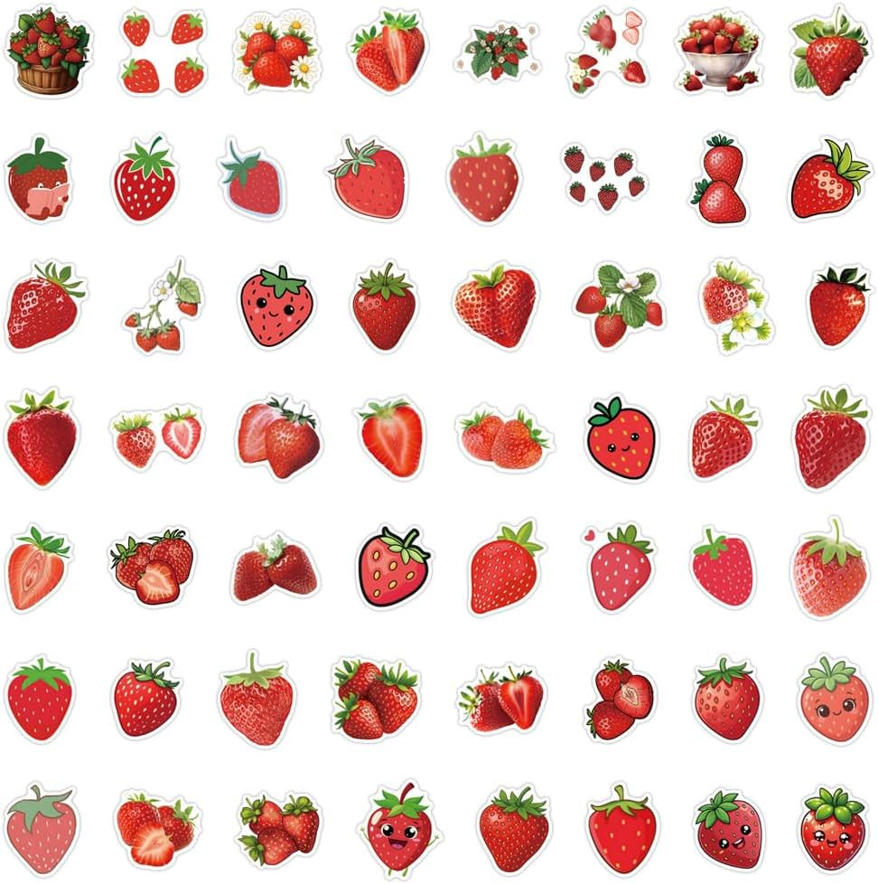 55 PCS Strawberry Stickers, Waterproof Vinyl Fresh Strawberry Decals for Skatebo