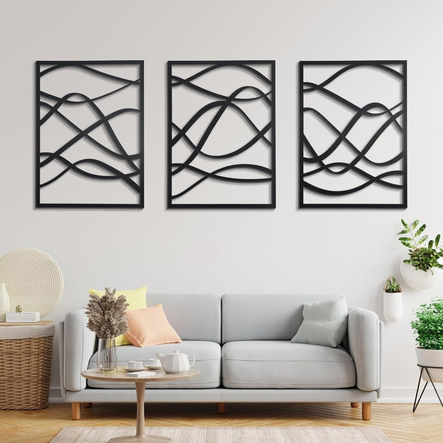 3 Pcs Minimalist Black Wooden Wall Art, Abstract Single Line Wall Decor for Home