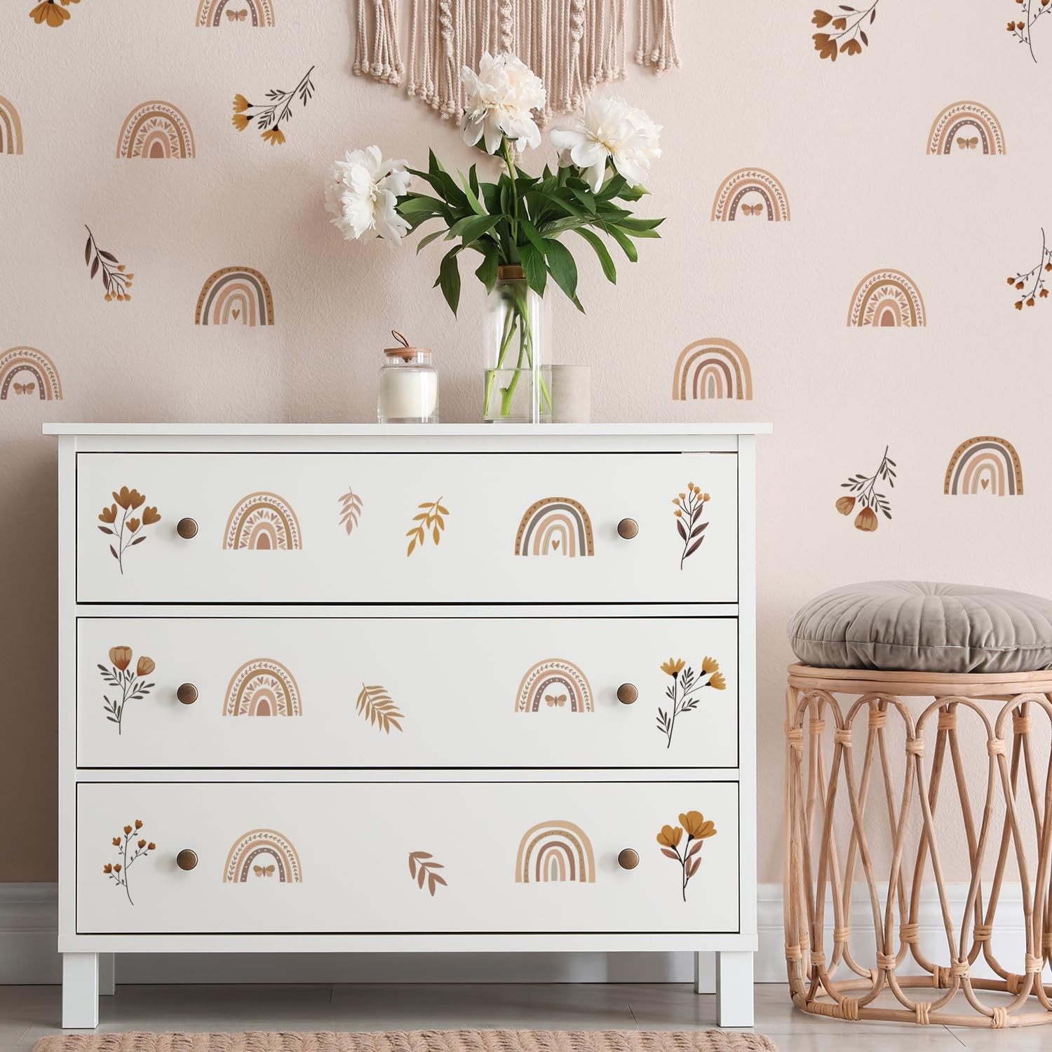 Boho Rainbow Floral Wall Decals for Nursery & Room – Set of 96 Removable Peel…