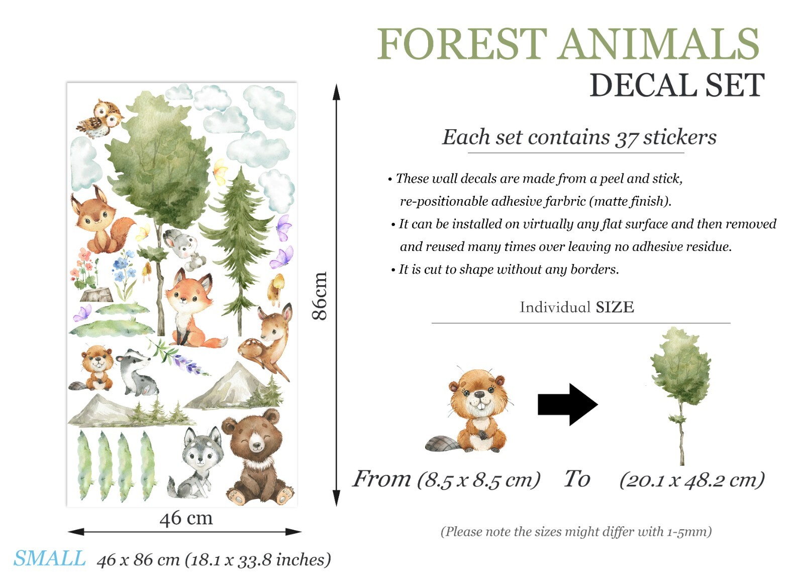 Baby Forest Animals Bear Deer wolf Tree Decoration Nursery Wall Decal Sticker