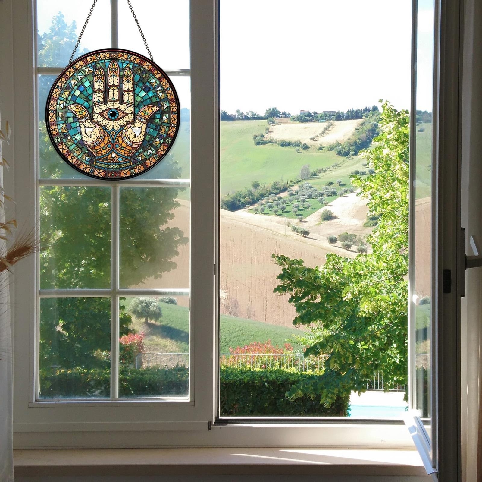 Hamsa Hand Stained Glass Window Hanging Hand of Fatima Sun Catcher Decor Prot…