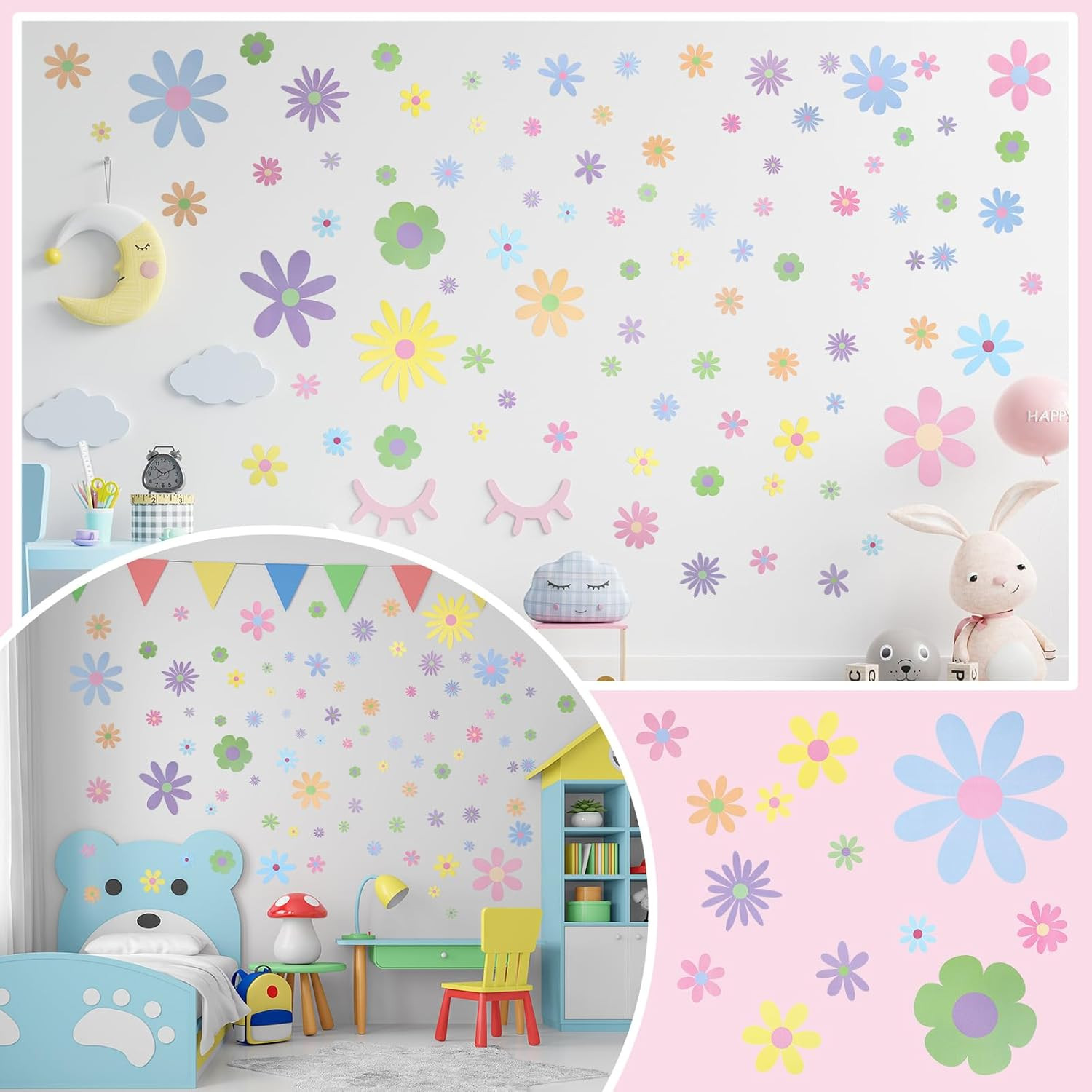 90 Pcs Daisy Wall Decal Alphabet Vinyl Wall Decals Boho Decal Daisy Stickers Boh